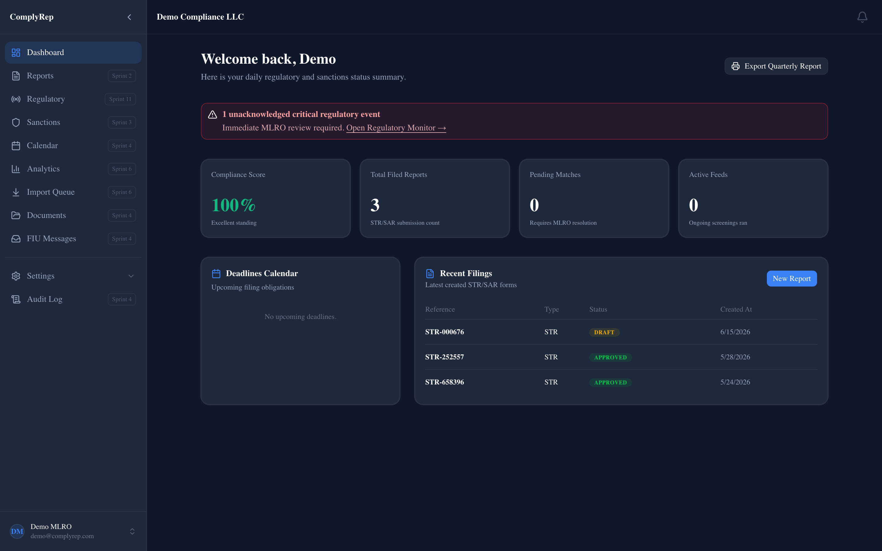 ComplyRep compliance dashboard with filing stats, regulatory alerts, and activity timeline