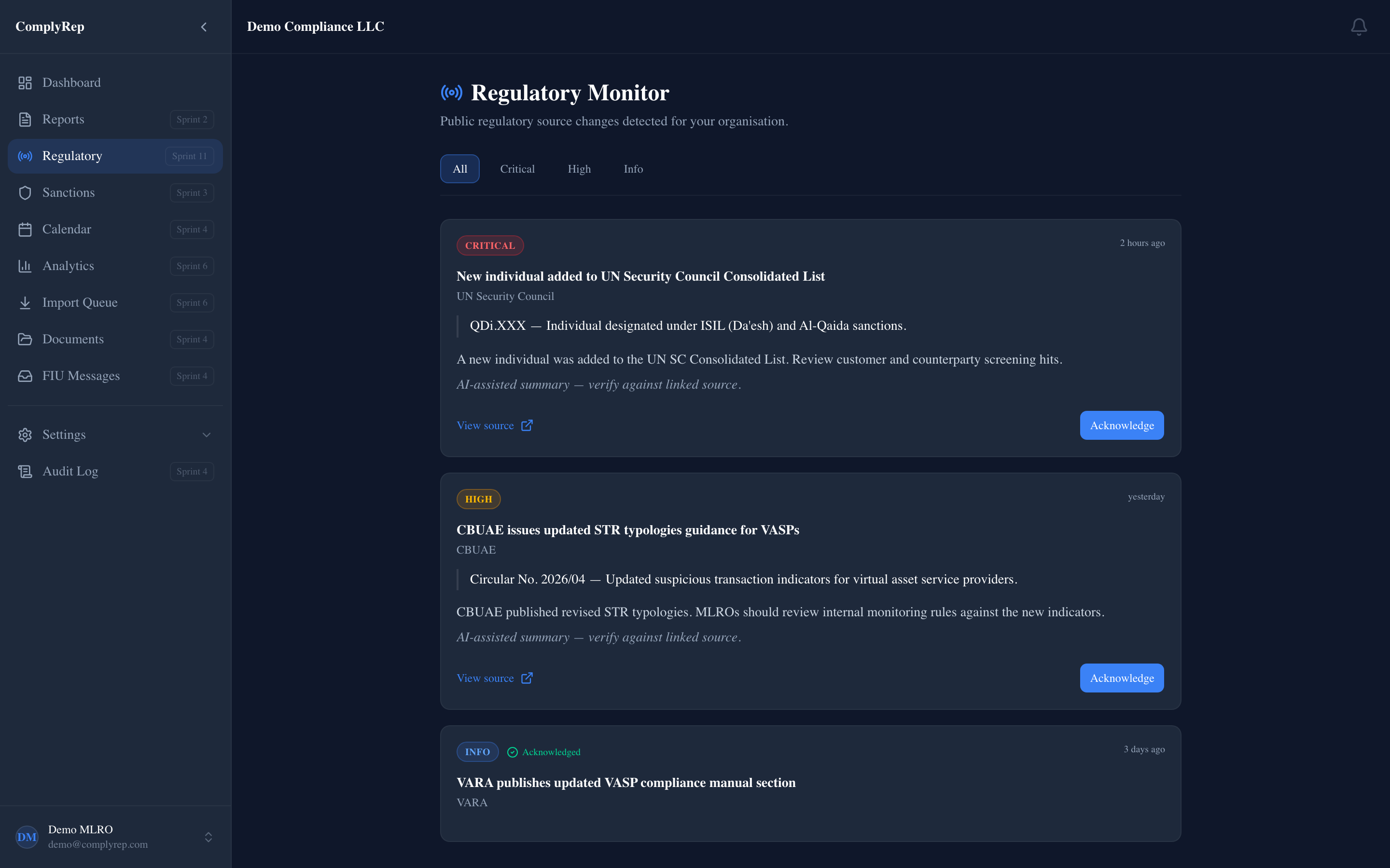 Regulatory monitor feed showing severity-classified alerts from CBUAE and VARA