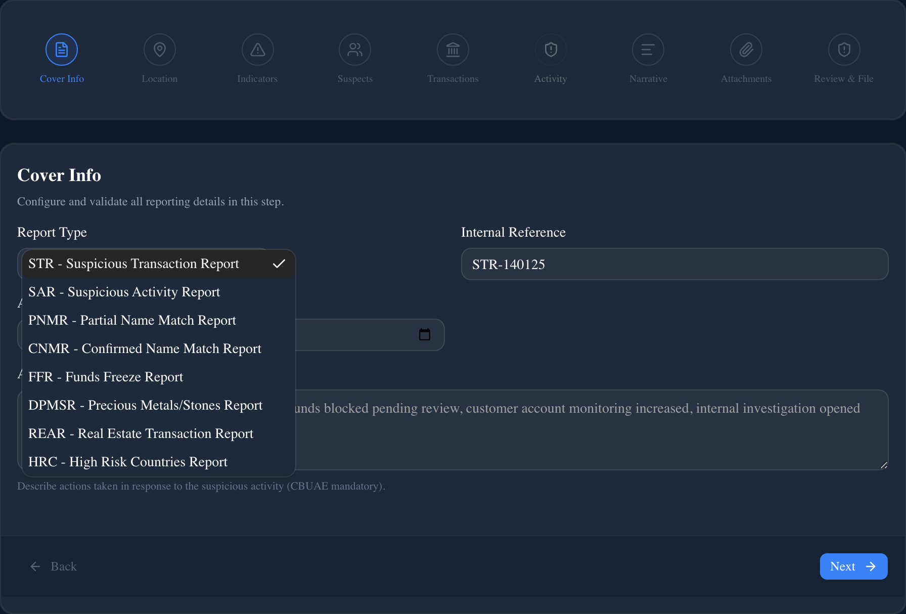 Report type selection and XSD validation status in the ComplyRep filing wizard